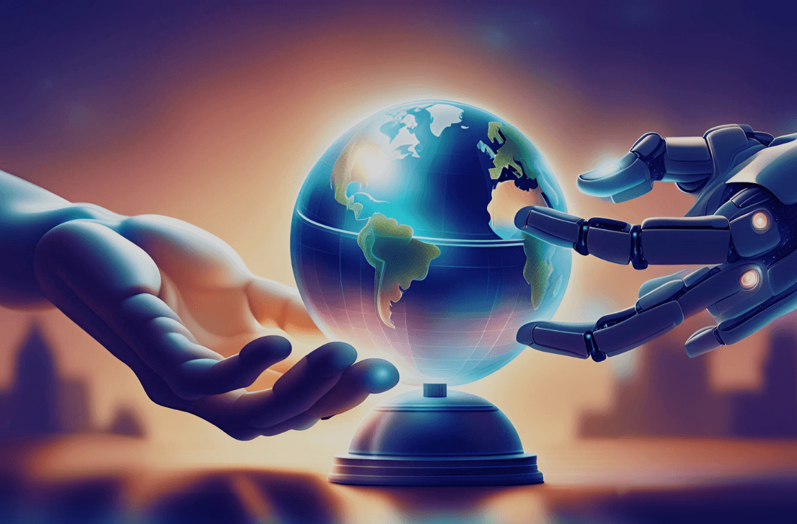 An illustration depicting the cooperation between humans and technology. A human hand and a robotic hand jointly hold a globe. The background of the image is blurred, with dominant blue and orange colors symbolizing sustainable development and innovation in Industry 5.0.