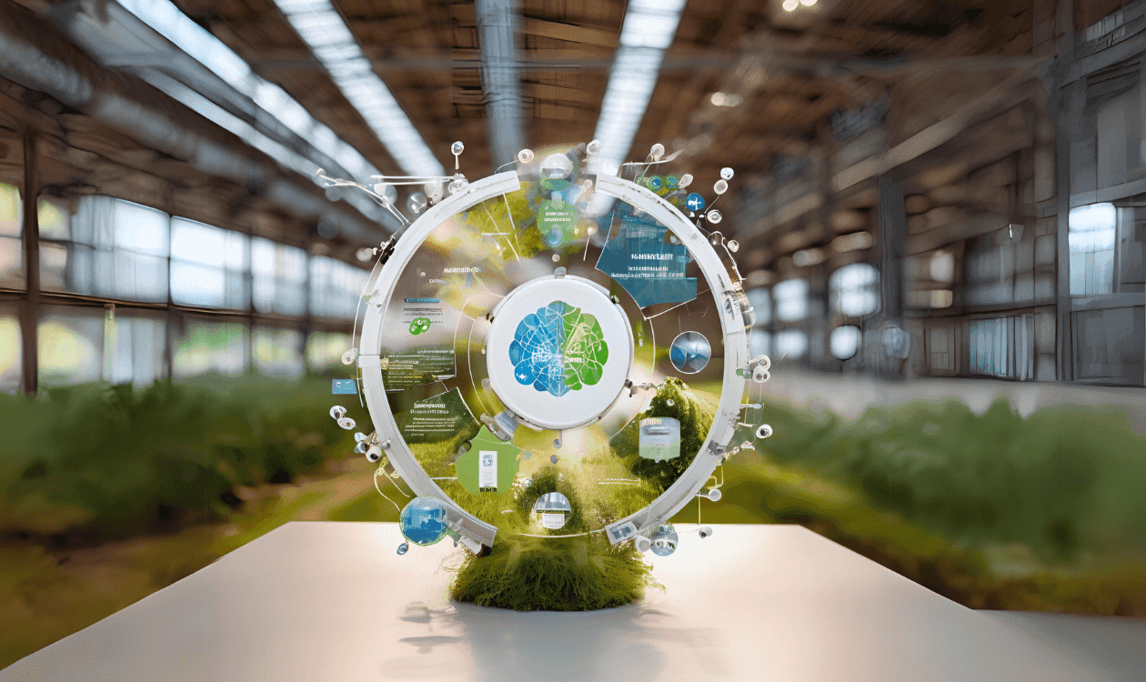 A futuristic display in a greenhouse showcases a circular diagram with interconnected nodes and illustrations, focusing on sustainable agriculture. Illuminated and highlighting various ecological and technological elements, the structure shines in a spacious, industrial setting reflecting Industry 5.0 principles.